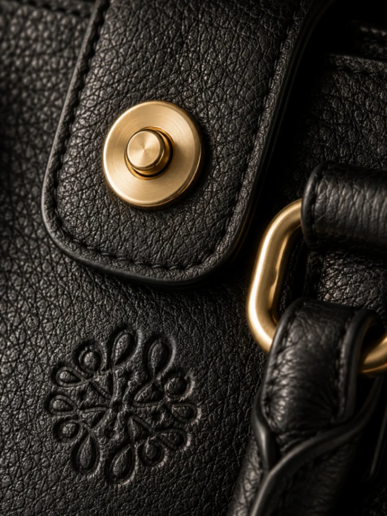 Maison Noir Tote showing gold hardware and magnetic closure detail