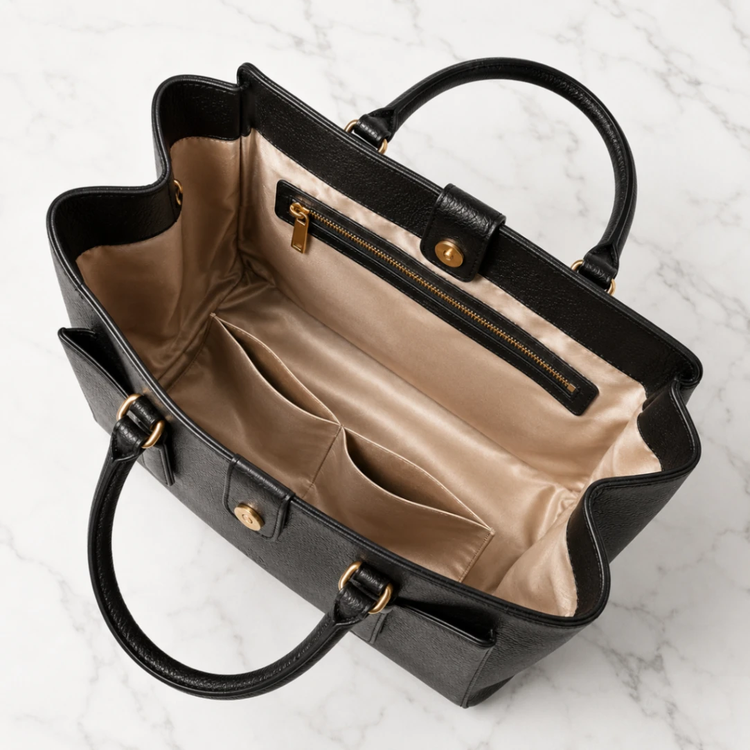 Maison Noir Tote open view showing ivory silk interior and pockets